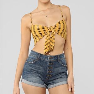 Yellow Striped Tie Crop Halter Top Size Medium